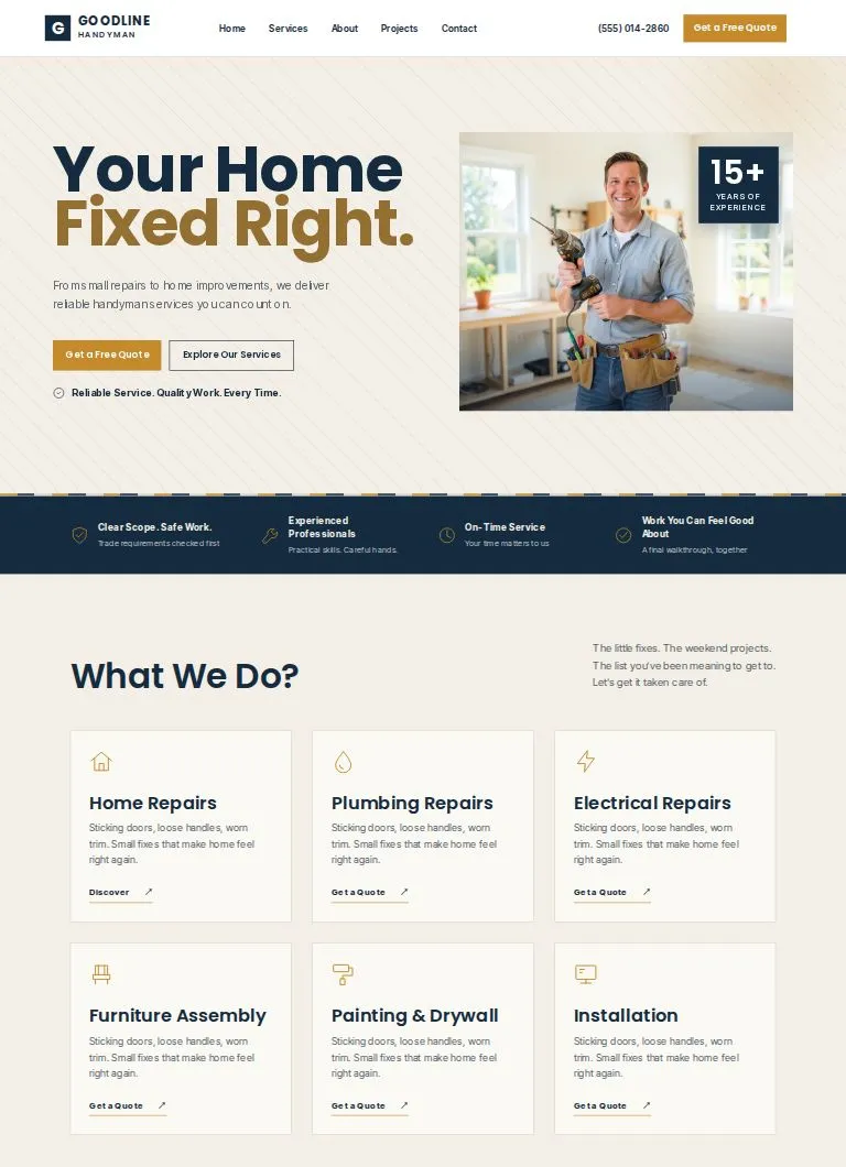 The top of a handyman website built in Studio: a large headline, a photo of the handyman, a trust bar and six service cards.