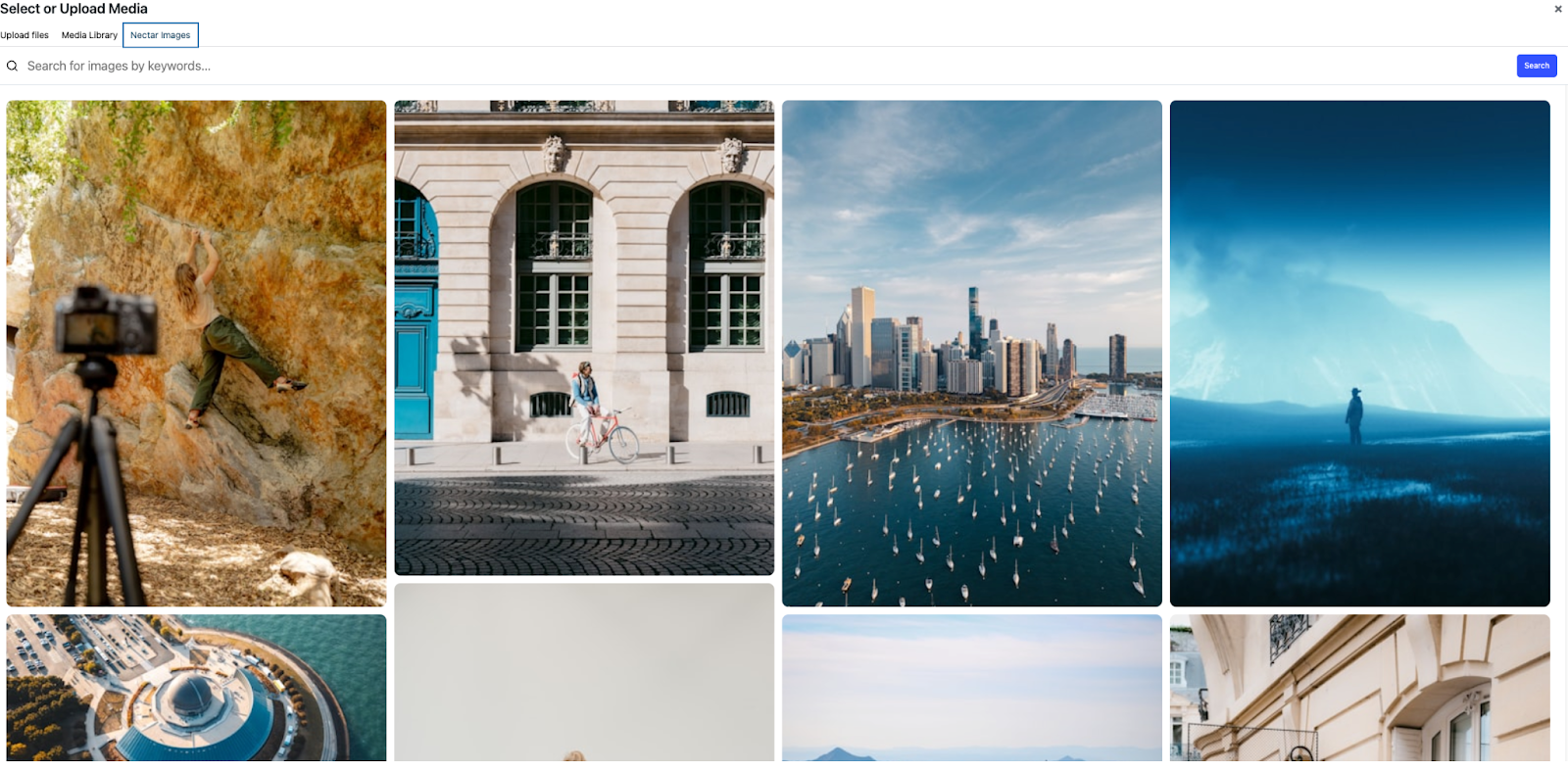 Collection of various photos including a person rock climbing captured by a camera on tripod, a person cycling by a building with a blue door, a coastal cityscape with numerous sailboats, and a person standing in a majestic landscape with mountains in the background.