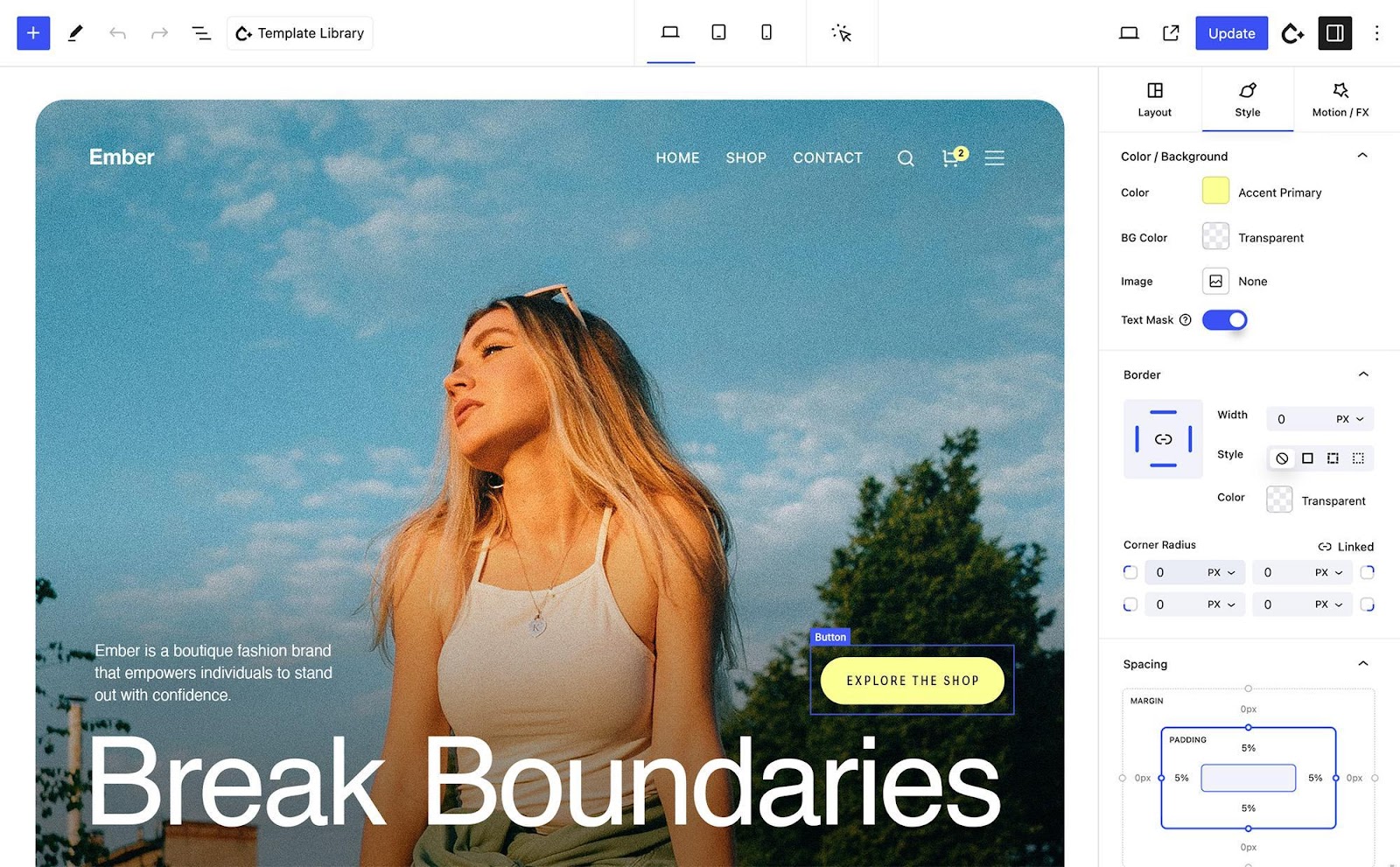 Screenshot of a website design template featuring a woman looking up at the sky, with text "Break Boundaries" and a button labeled "EXPLORE THE SHOP".