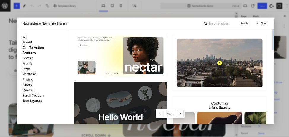 Screenshot of a web-based template library interface showing various website design options, including a search bar and template categories.