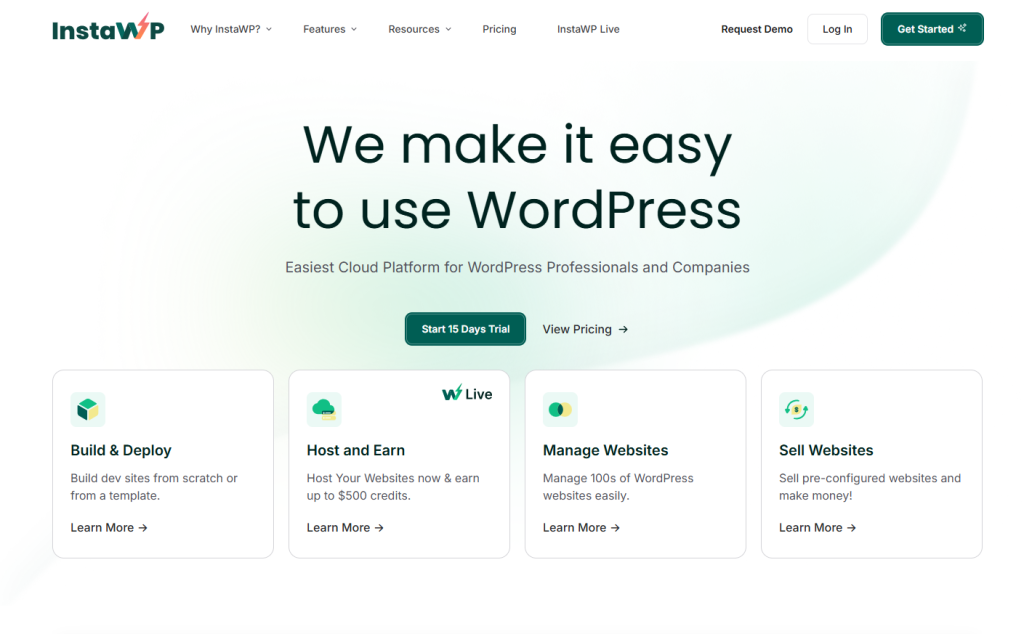 Screenshot of InstaWP website highlighting services for "Easiest Cloud Platform for WordPress Professionals" with options for building, hosting, managing, and selling WordPress websites.