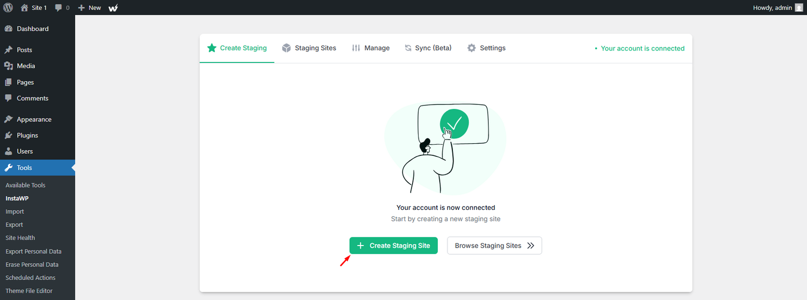 The Create Staging Site button in InstaWP Connect