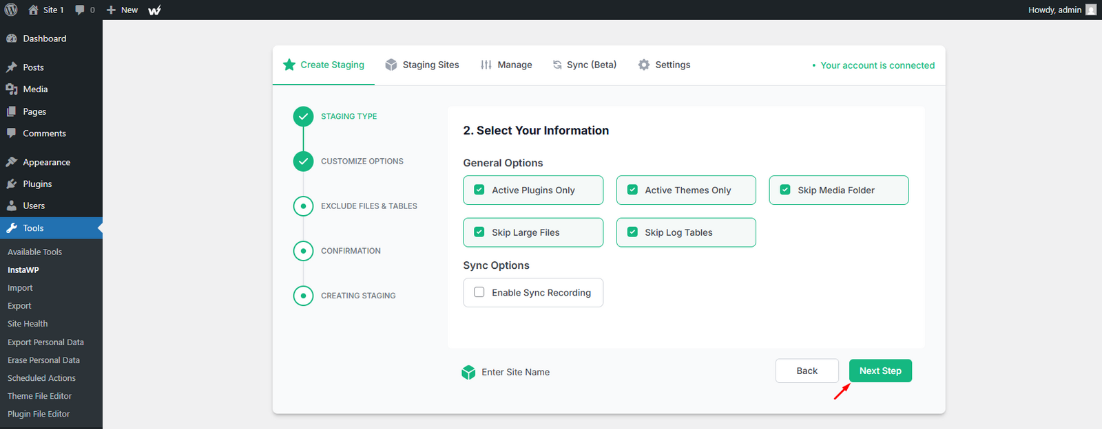 The Customize dialog for choosing which parts of the source site to copy into staging