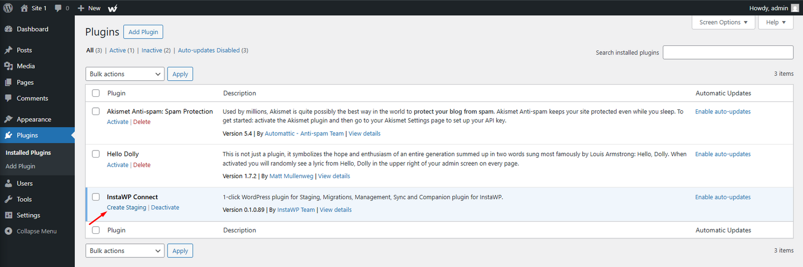 The InstaWP Connect plugin shown in the WordPress admin Plugins list on the source site