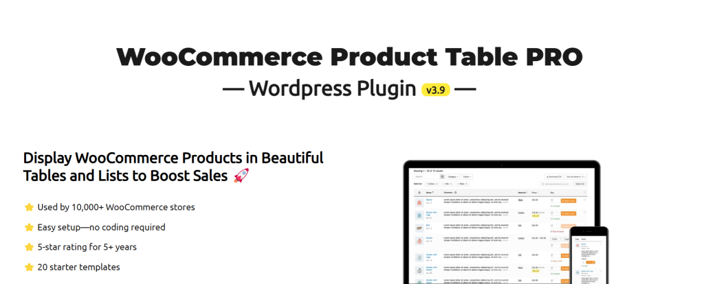 Screenshot of WooCommerce Product Table WordPress table plugin homepage
