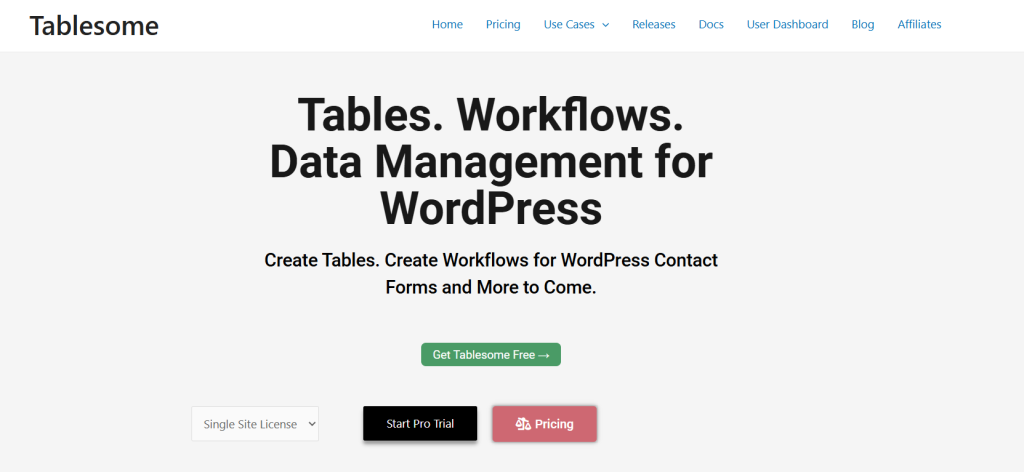 Screenshot of Tablesome WordPress table plugin homepage