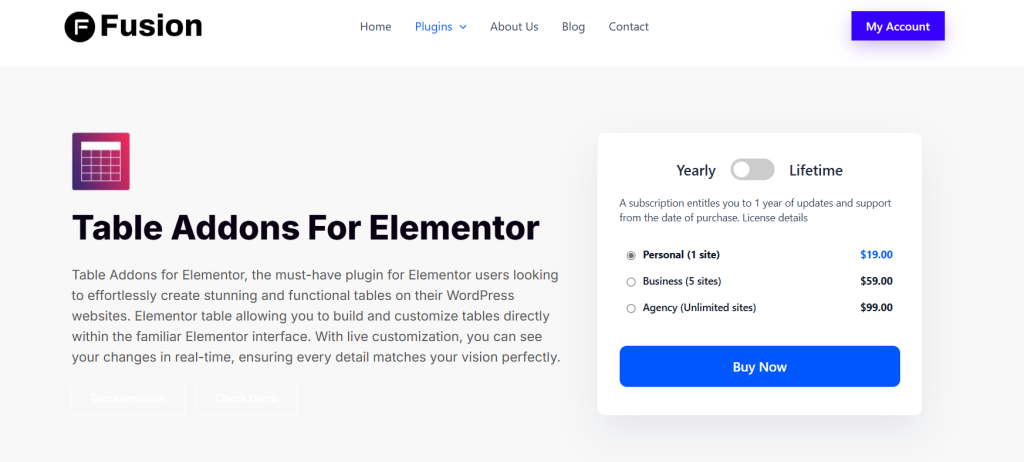 Screenshot of Table Addons For Elementor WordPress table plugin homepage
