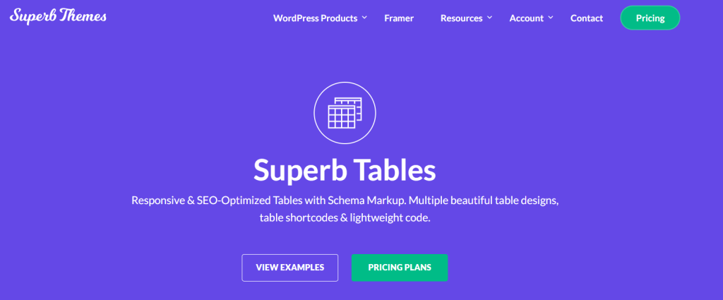 Screenshot of Superb Tables WordPress table plugin homepage