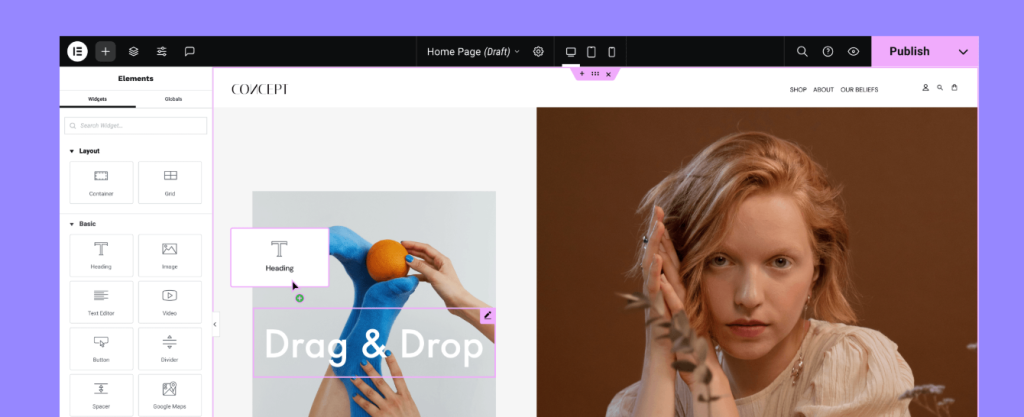 "Screenshot of Elementor, the best WordPress blog plugin for drag-and-drop page building."