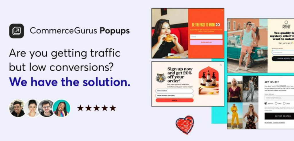 Collage promoting Commerce Gurus Popups with examples of popup ads and a banner claiming to solve low conversion rates.