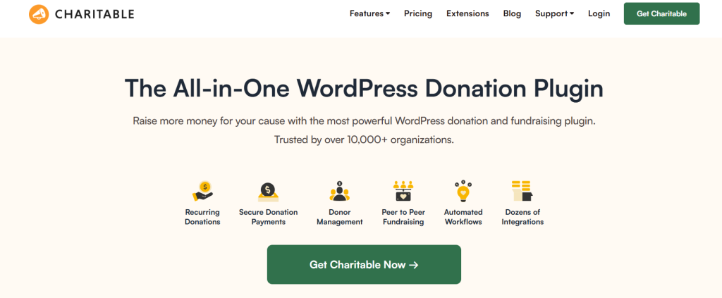 Screenshot of the Charitable WordPress Crowdfunding plugin homepage