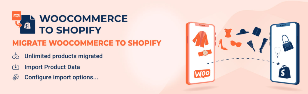 W2S plugin transferring WooCommerce products to Shopify, showing migration flow with a WordPress Shopify plugin for Shopify and WordPress integration
