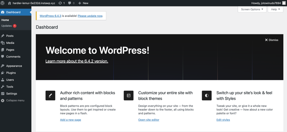 WordPress site's dashboard WordPress site's dashboard