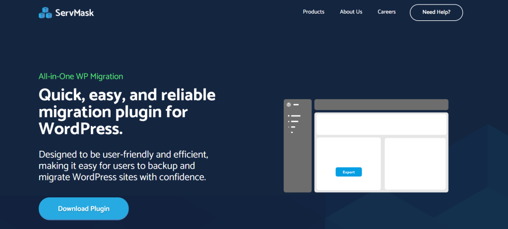 Blue themed promotional webpage for ServMask's All-in-One WP Migration plugin, featuring a download button and plugin export interface mockup.