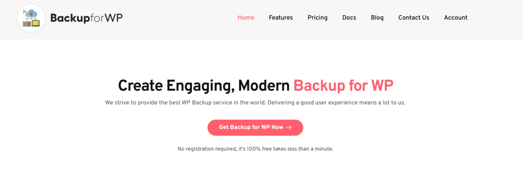 Screenshot of BackupforWP website homepage featuring the headline "Create Engaging, Modern Backup for WP" with a call-to-action button and menu items visible.