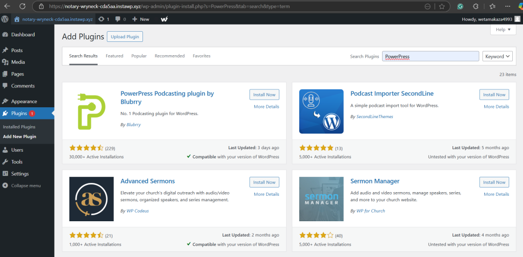 Installing a WordPress podcast plugin on the site to host a podcast on WordPress using InstaWP. 