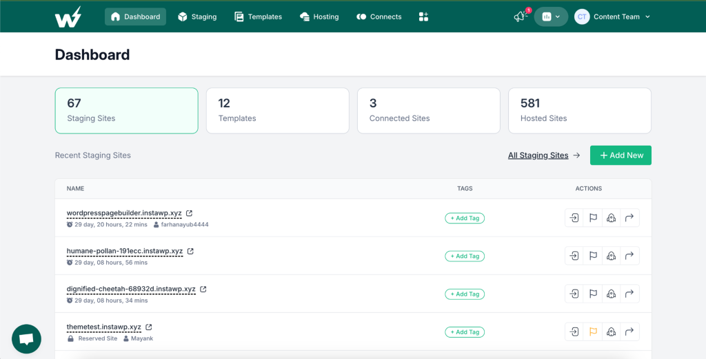 InstaWP Dashboard > Staging Sites InstaWP Dashboard > Staging Sites