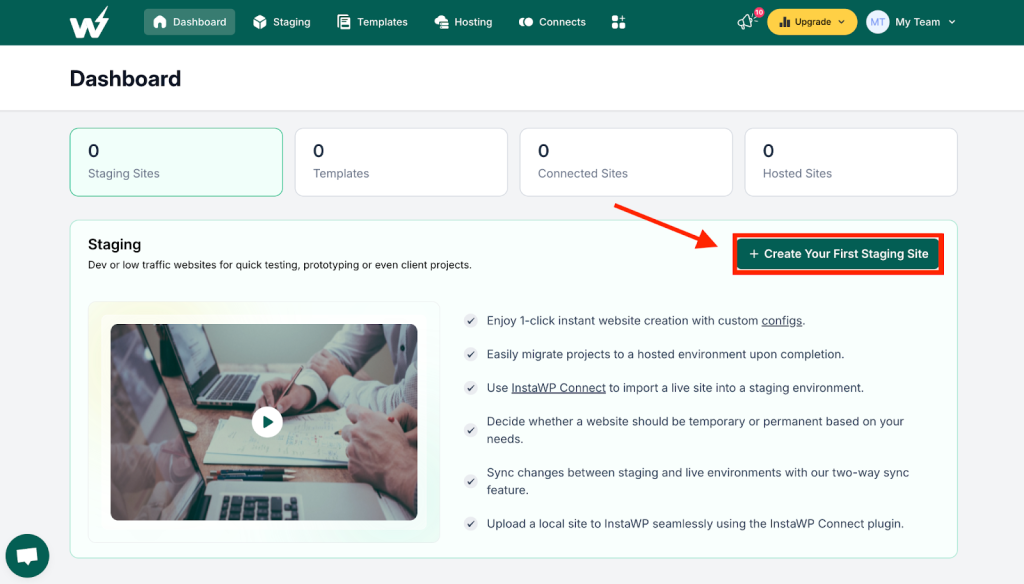Dashboard interface highlighting button create your first staging site.