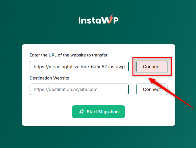 Option to connect the source URL to InstaWP Migrate