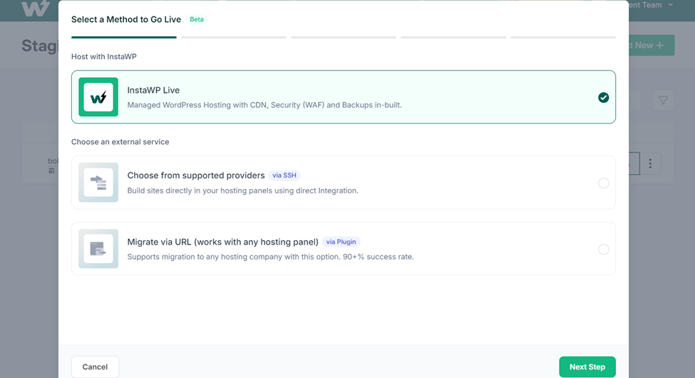 Selecting InstaWP Live option