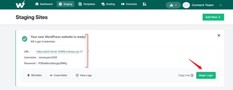 Staging site login credentials