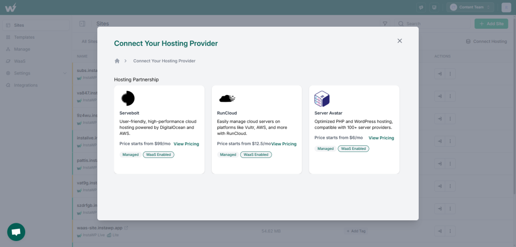 screenshot of InstaWP connecting provider with hosting services