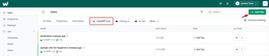 Add new InstaWP hosting
