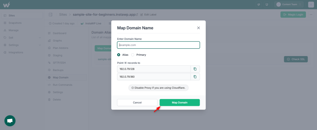 Map domain to InstaWP hosting