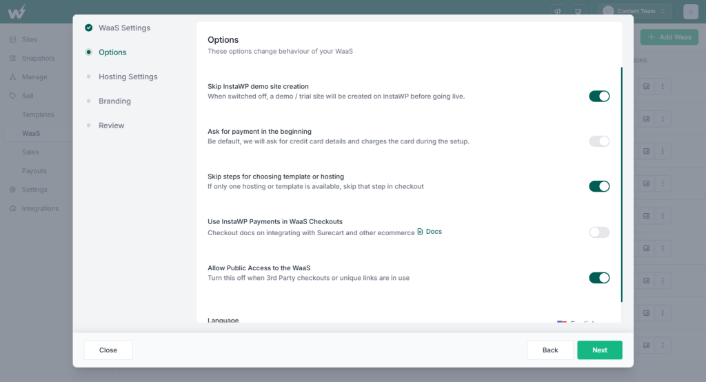 WaaS options dialog