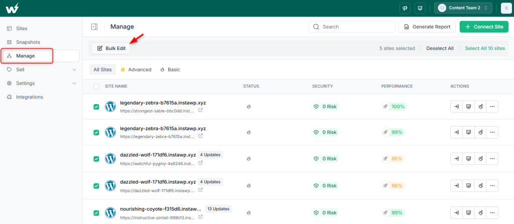Bulk editing multiple connected sites