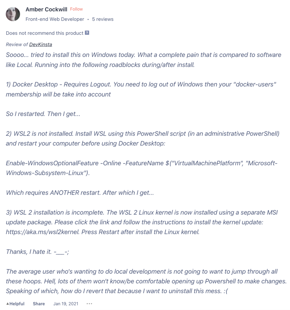 screenshot of DevKinsta review in ProductHunt