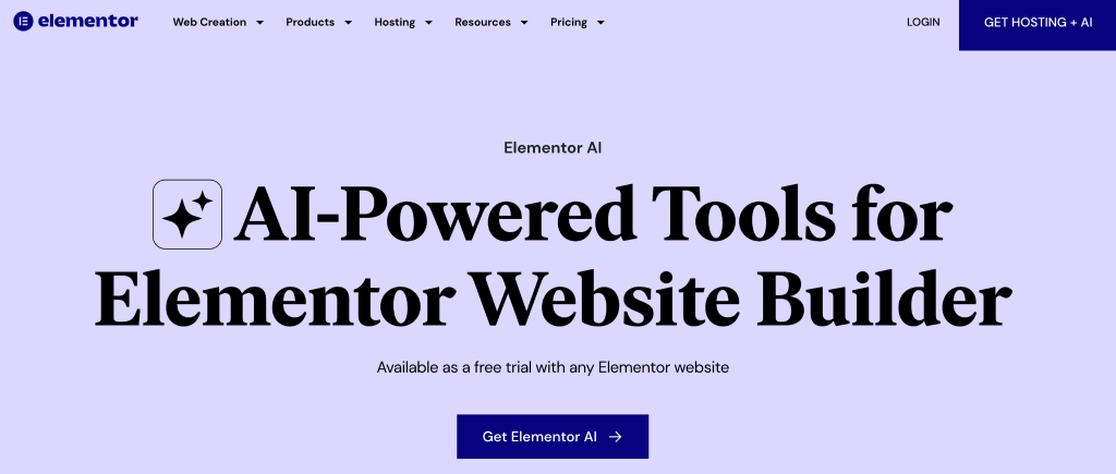 screenshot of Elementor AI landing page