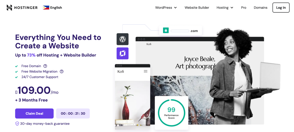screenshot of Hostinger landing page