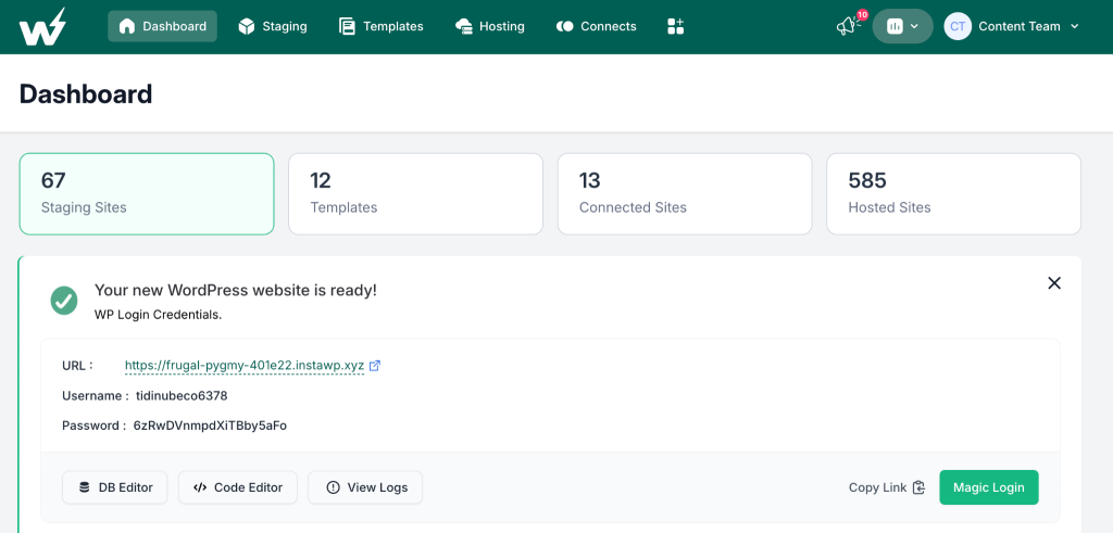 screenshot of InstaWP new test website created