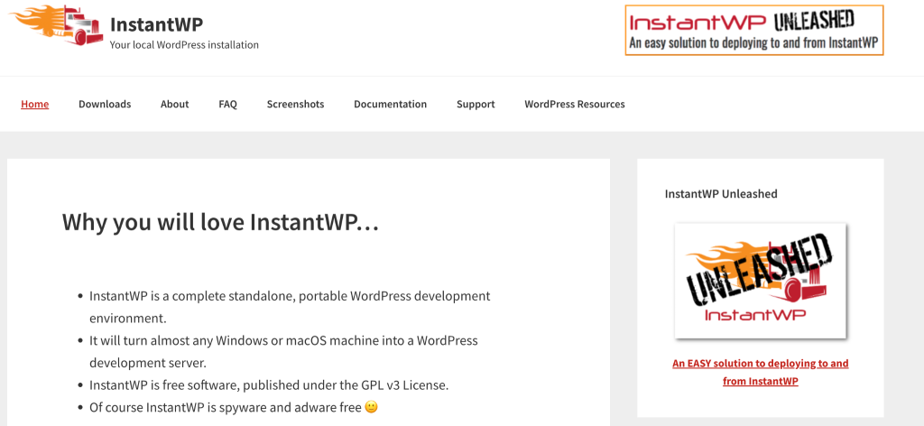 screenshot of InstantWP main page