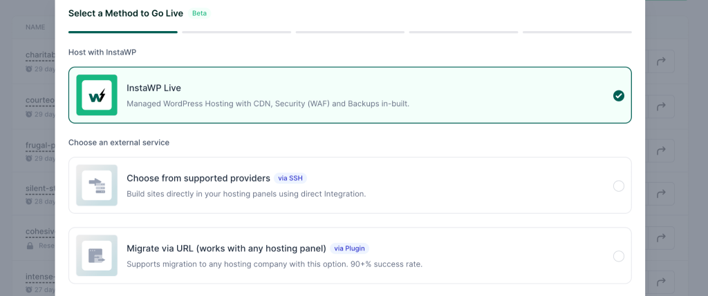 screenshot of migrating InstaWP test site to live