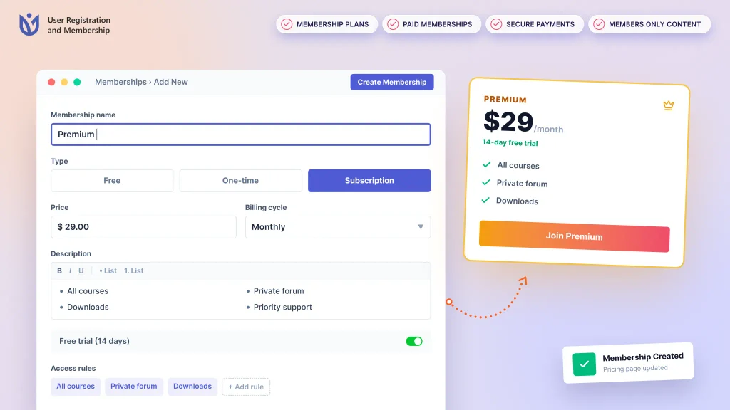 Ur create membership plan