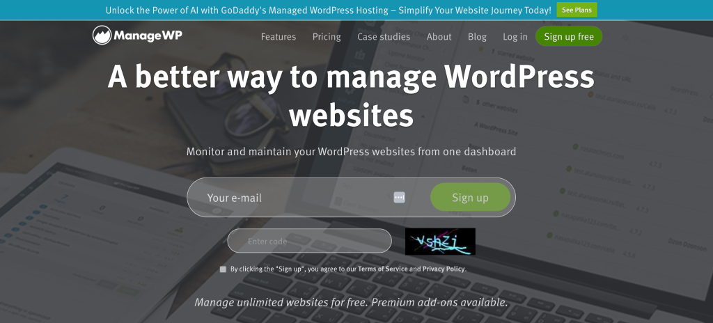 screenshot of landing page of ManageWP