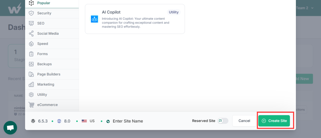 Instawp add new staging site
