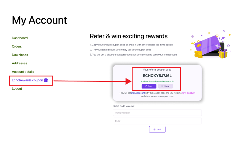 My Account > Coupon or referral code