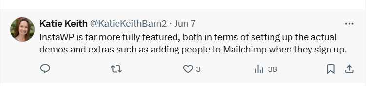 Tweet by Katie explaining why InstaWP is a great product demo builder Tweet by Katie explaining why InstaWP is a great product demo builder