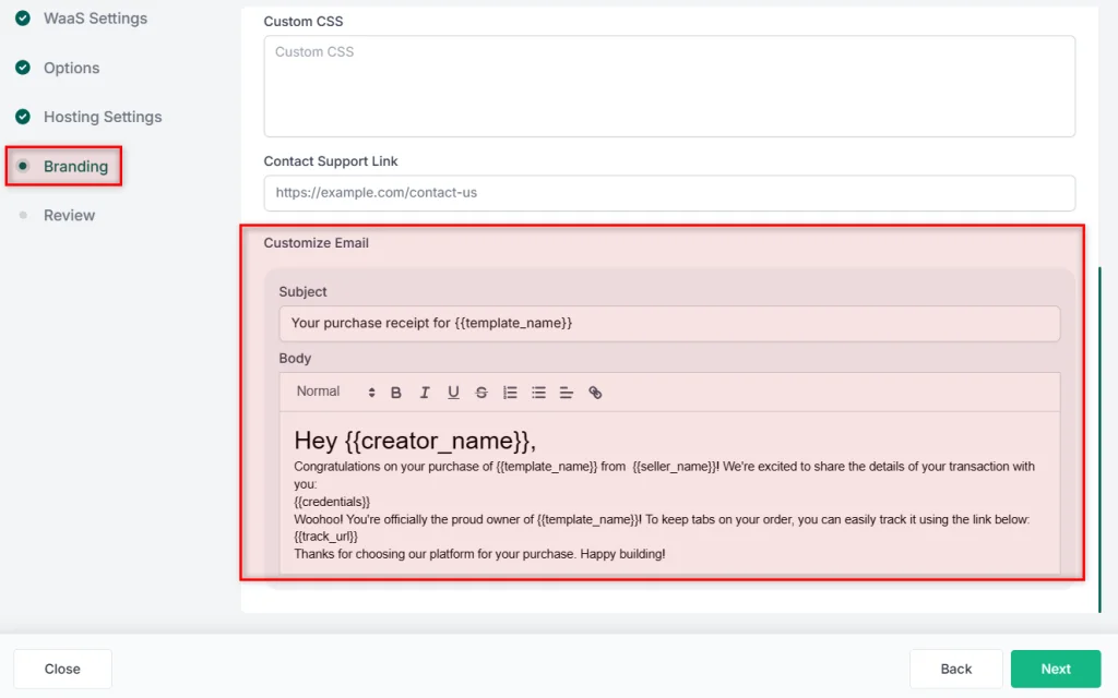 WordPress WaaS Branding > Customize the email template