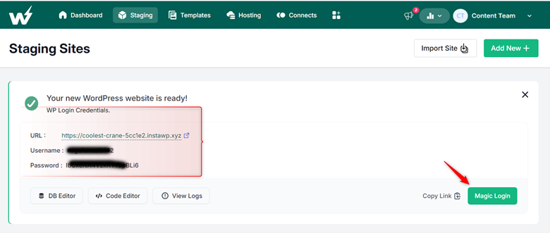 Staging site creation completion with login creds Staging site creation completion with login creds
