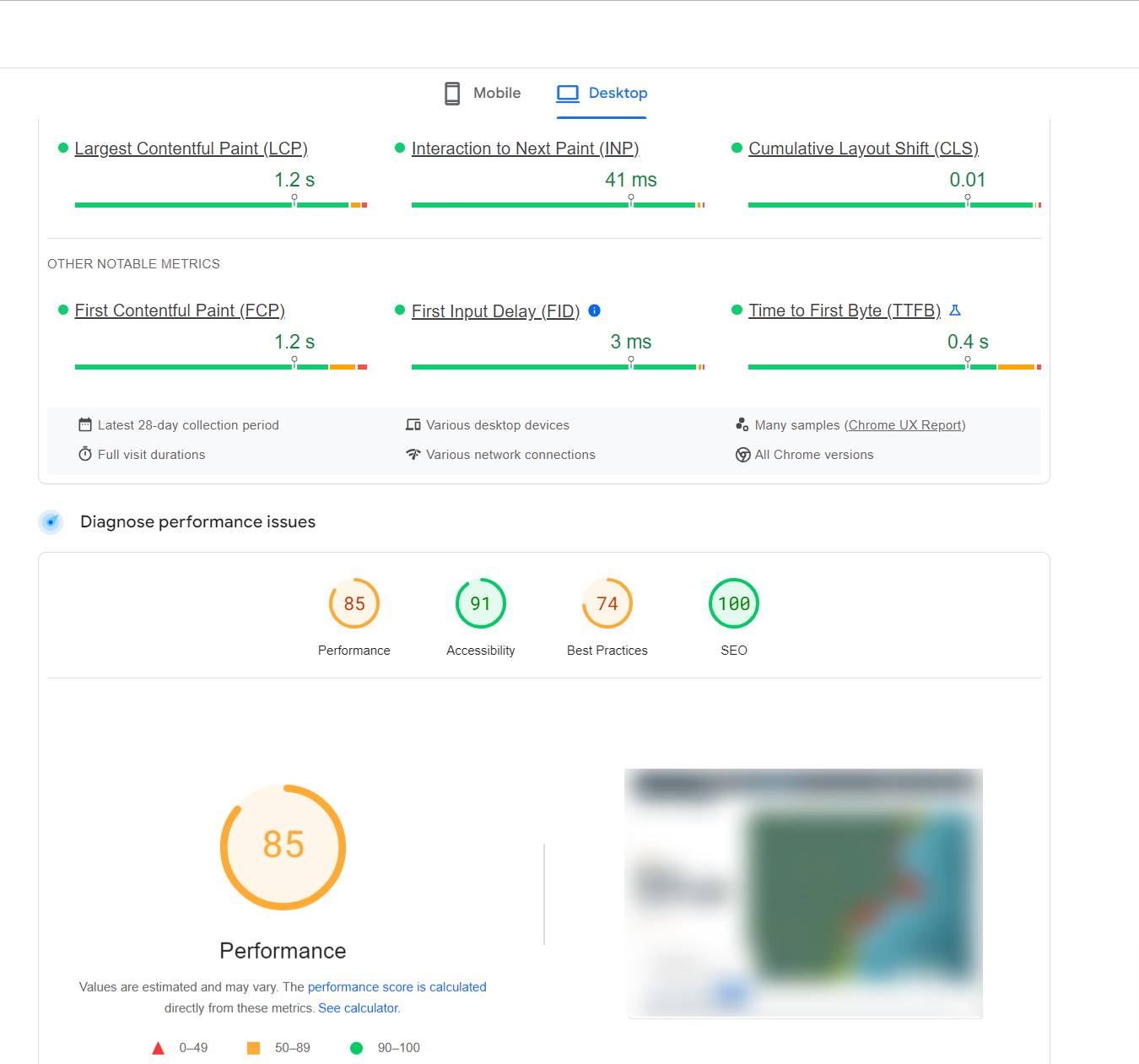 Google Page Speed insights of a website