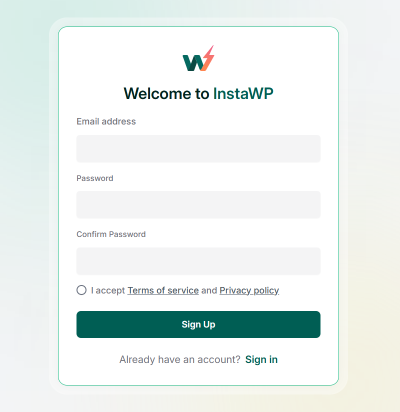 Signup Screen - InstaWP (Tool for WordPress Staging, Migration, Managed Hosting and more)