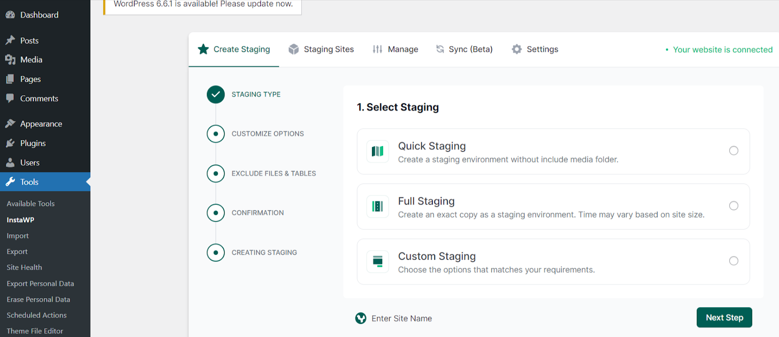 Select from where the site is to be imported