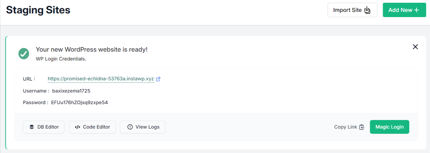 Staging site is ready with username and password