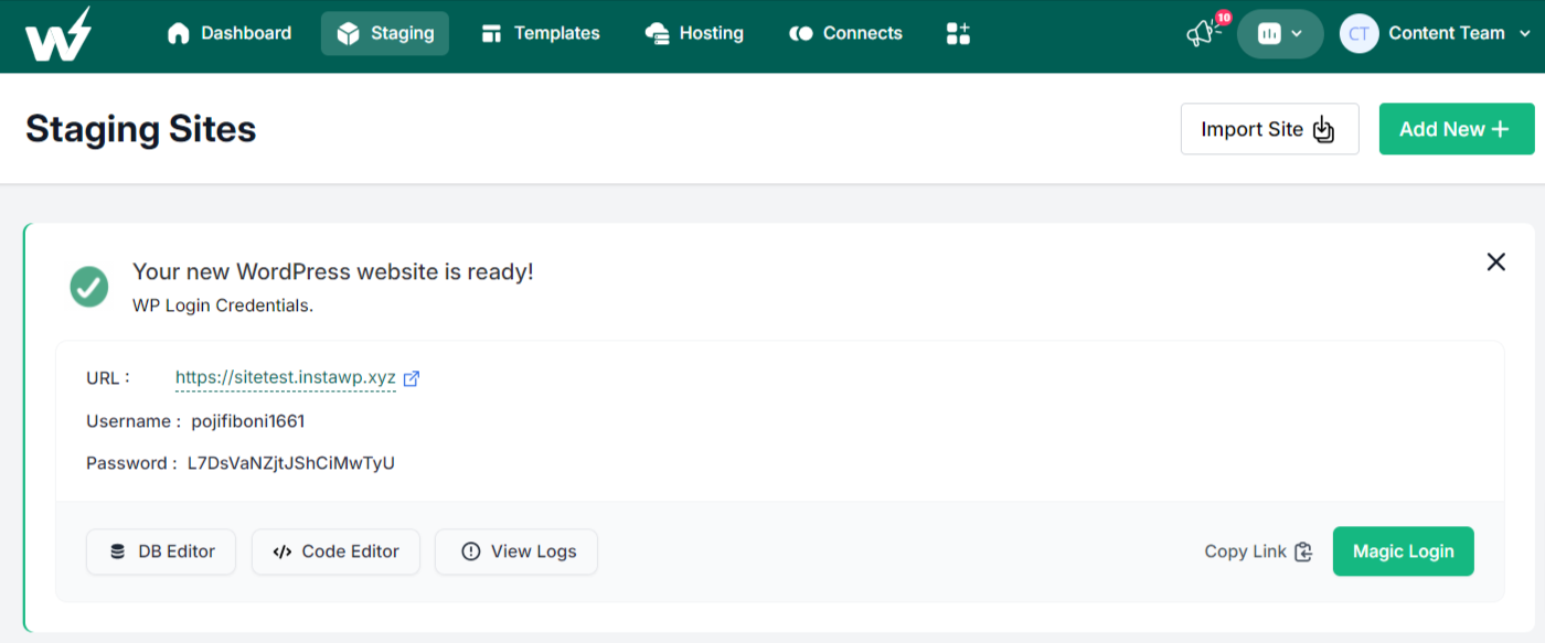 Staging site is ready with username and password. 