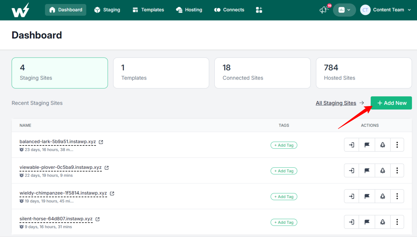 InstaWP staging site dashboard to add new staging site. InstaWP staging site dashboard to add new staging site.