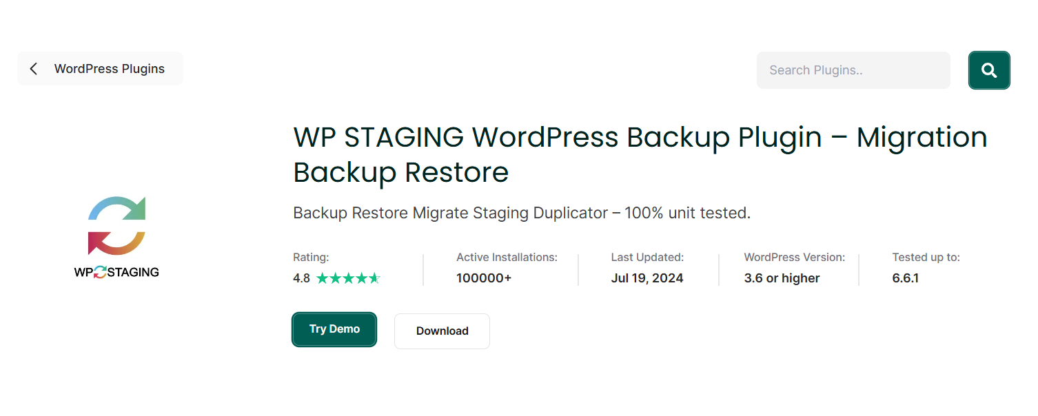 Home page of WP Staging describing its services and offers.